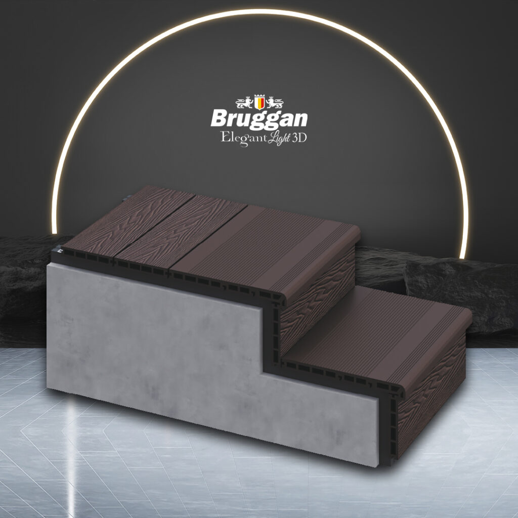 Neuheit der Saison – die Bruggan Elegant Stufe. Die Textur der Stufe ist leicht anders als die der Dielen, aber so gestaltet, dass sie rutschfest bleibt. Die Standardbreite der Stufe beträgt 320 mm.