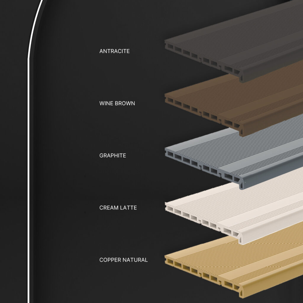 Neuheit der Saison – die Bruggan Elegant Stufe. Die Bruggan Stufe ist in vier der beliebtesten Farben erhältlich, die zu den Elegant-Terrassendielen passen: Copper, Wine Brown, Graphite und Cream Latte.