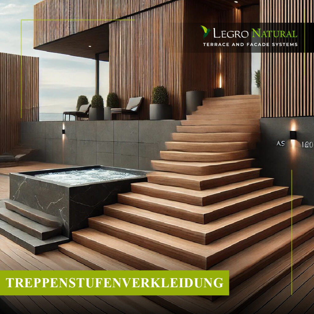 Universelles Profil AS180 für das Terrassen- und Fassadensystem Legro Natural. Treppenstufenverkleidung