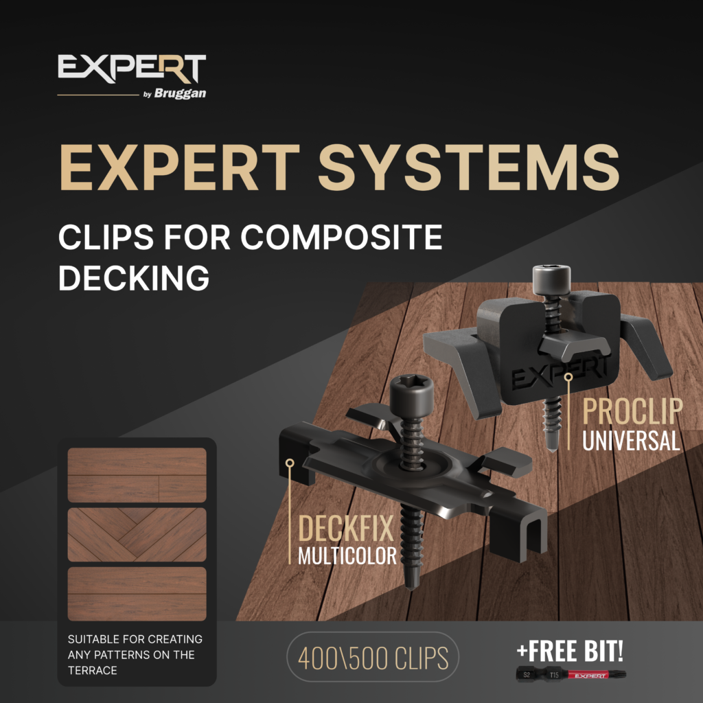 Clips Bruggan. A new approach to terrace fastening systems. DECKFIX MULTICOLOR and PROCLIP UNIVERSAL clips.