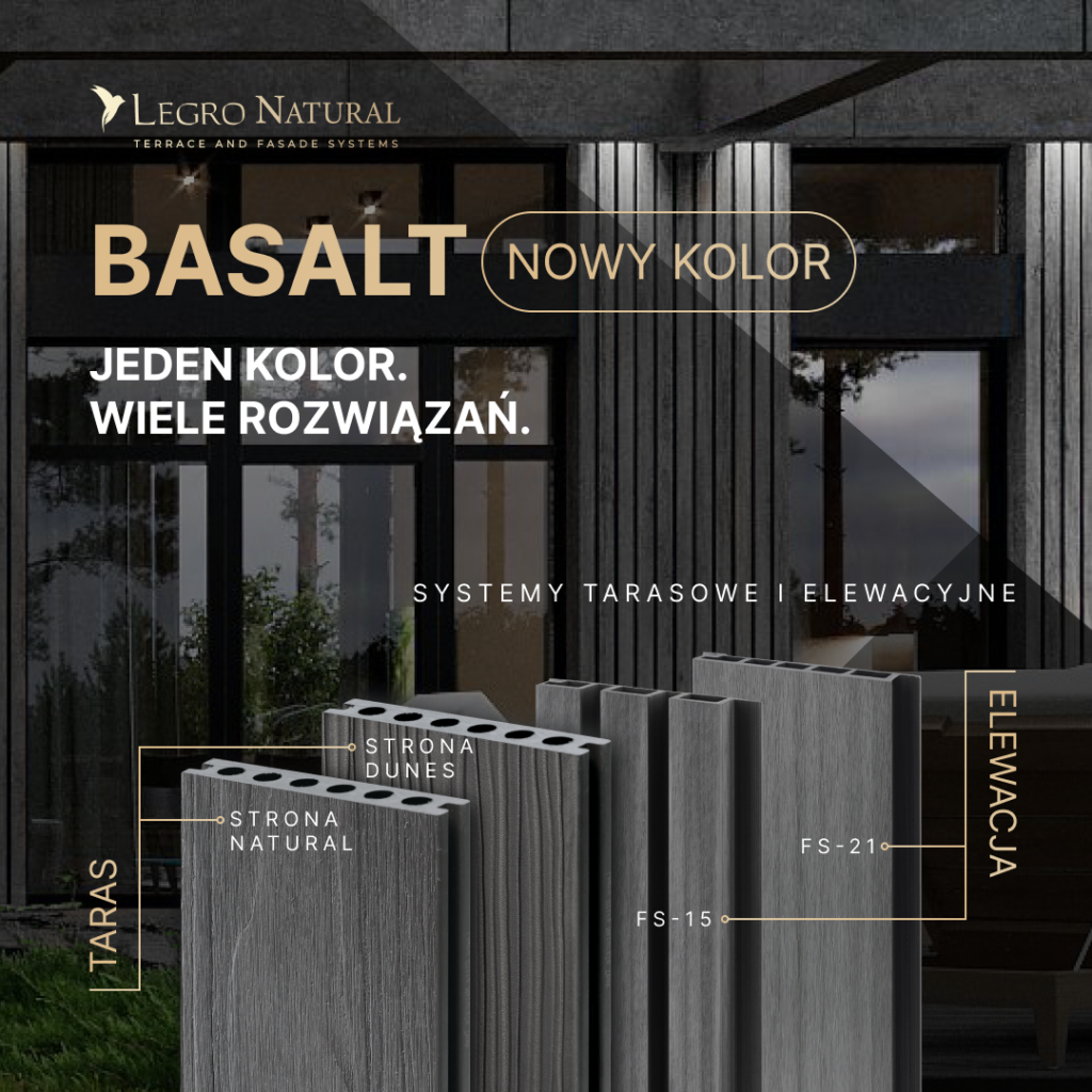 Legro Basalt to nowy kolor desek tarasowych i elewacyjnych w sezonie 2025. Elegancki, surowy i monumentalny.