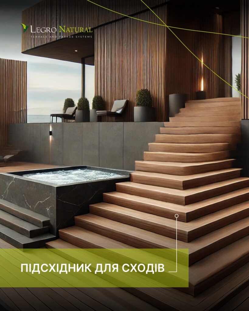 Новинка — універсальний профіль AS180 для терасної та фасадної системи Legro Natural. Підступок для сходів