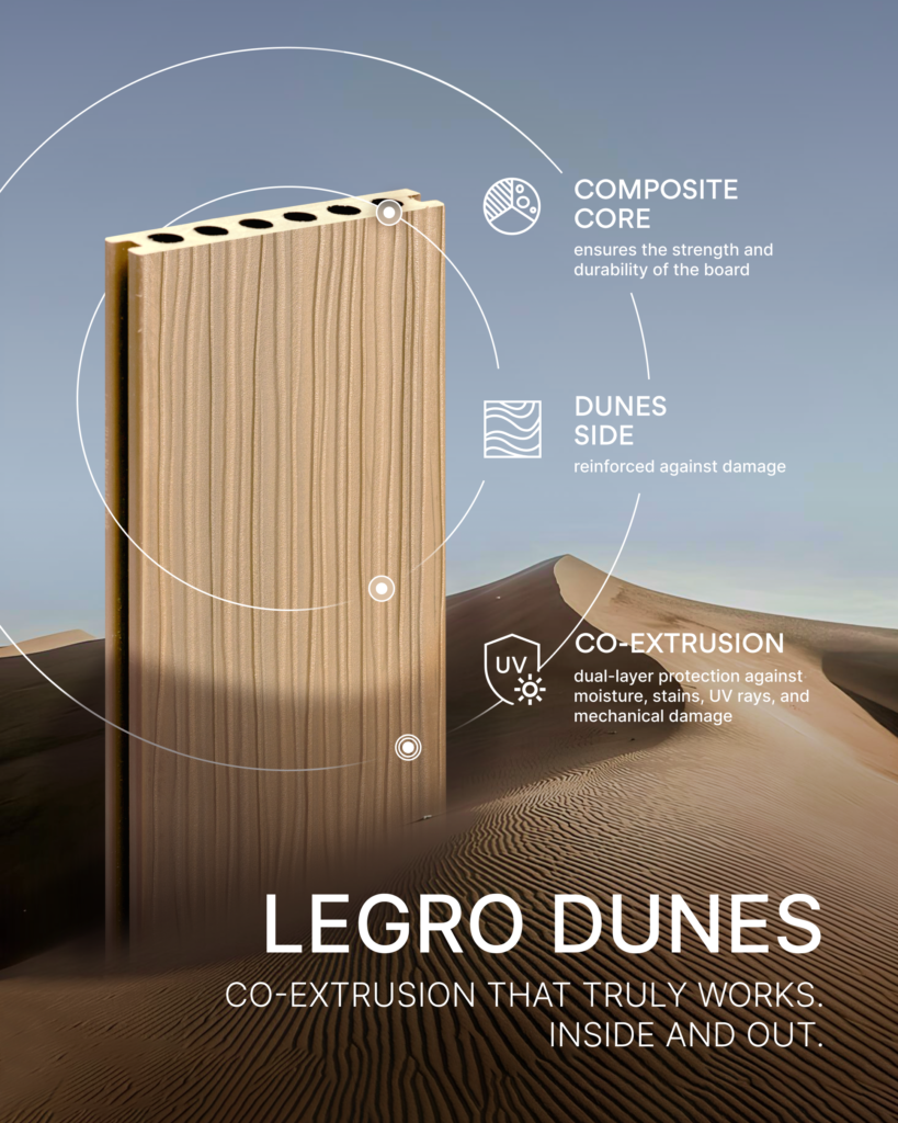 Legro Dunes — real co-extrusion that works. The board retains its shape even through summer heat, winter frost, and heavy loads.