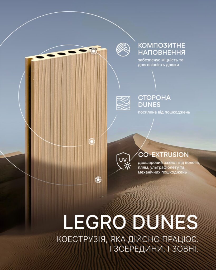 Legro Dunes — справжня коекструзія, яка працює. Дошка зберігає форму навіть після літньої спеки, зимових морозів і великих навантажень.