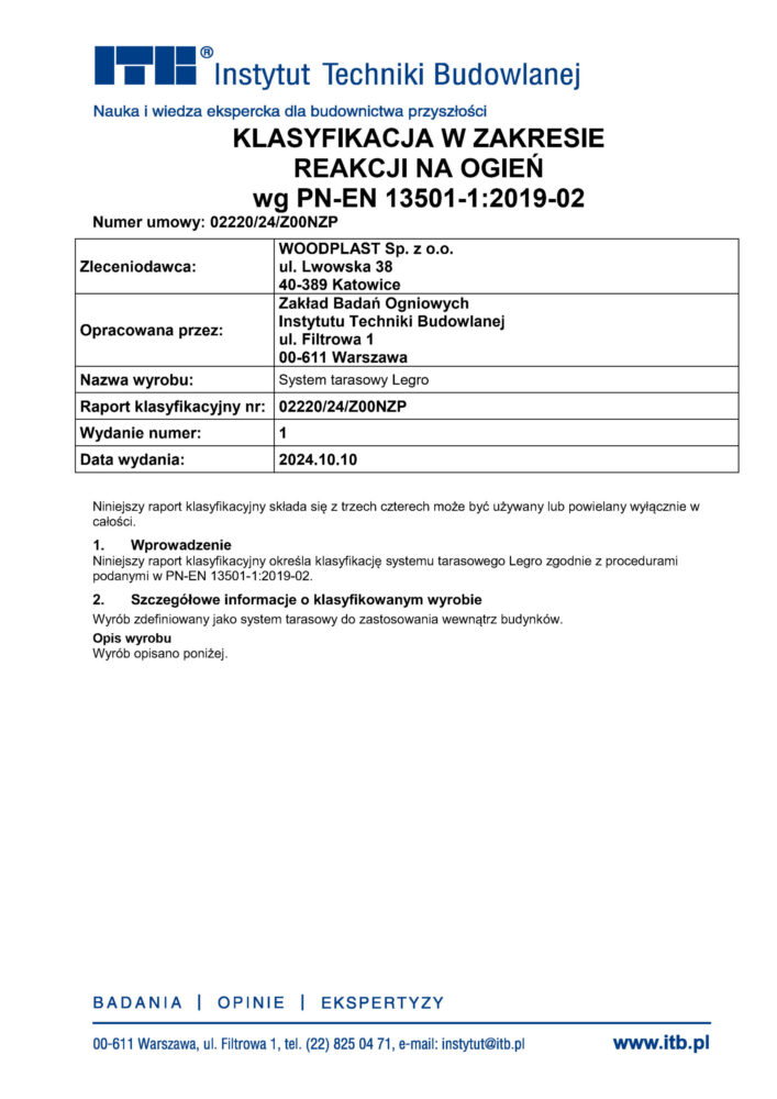 Класифікація з точки зору реакції на вогонь - терасні системи Legro