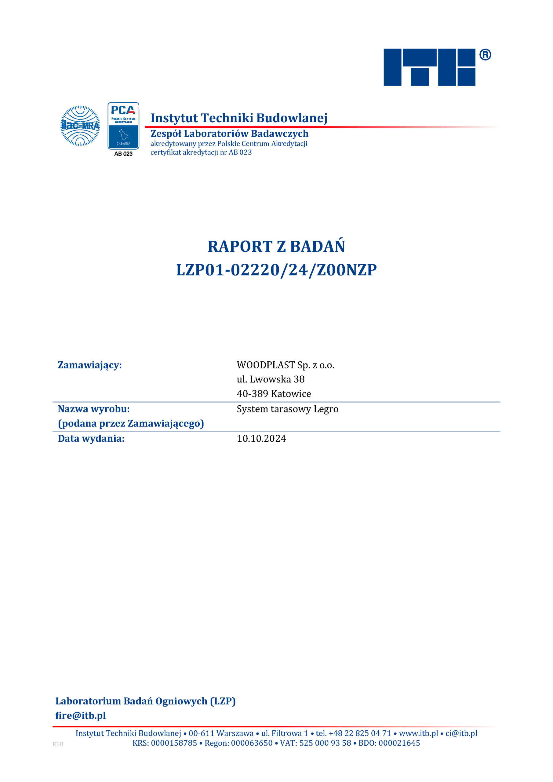 ITB Research Report LZP01-02220/24/Z00NZP fire classification Legro terrace system. For architects