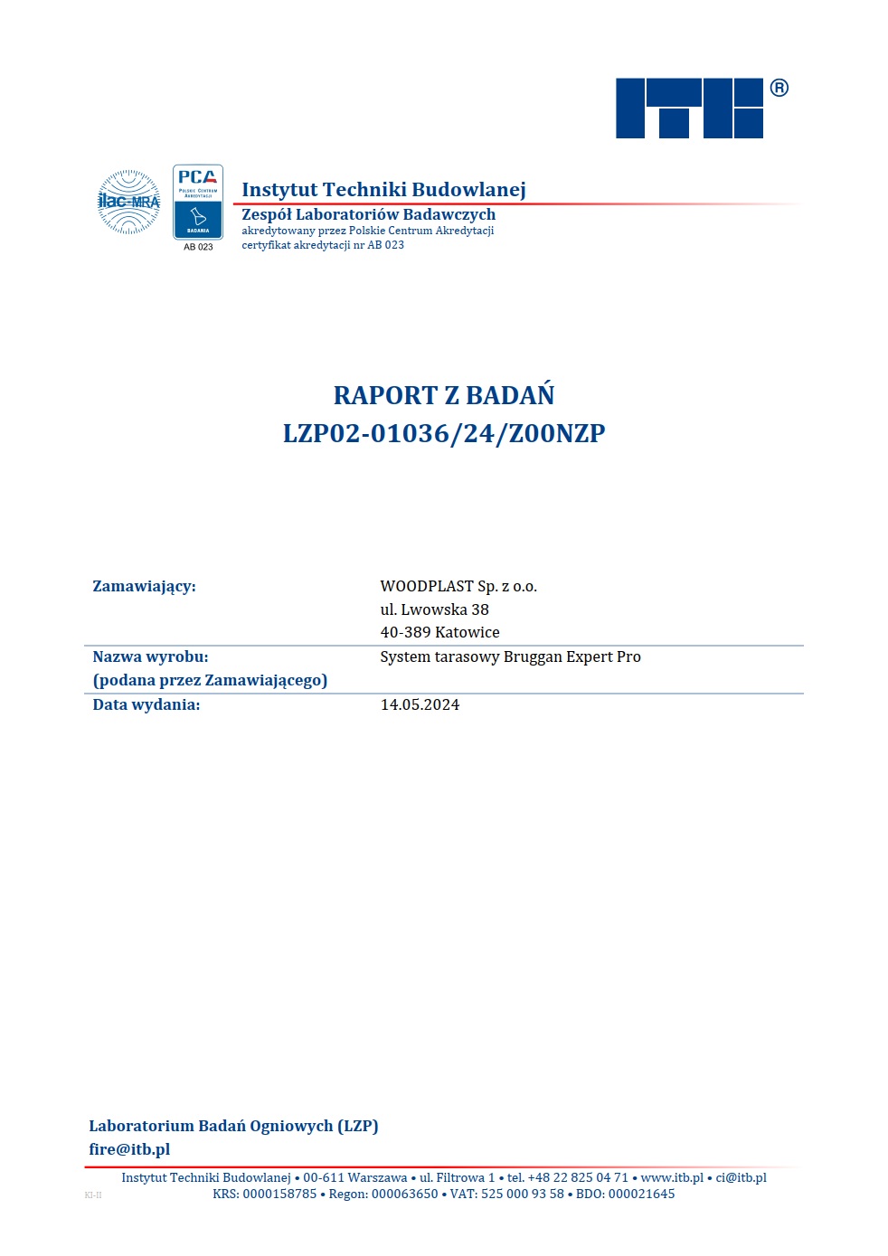 ITB Test report LZP02-01036/24 Expert Pro. For architects