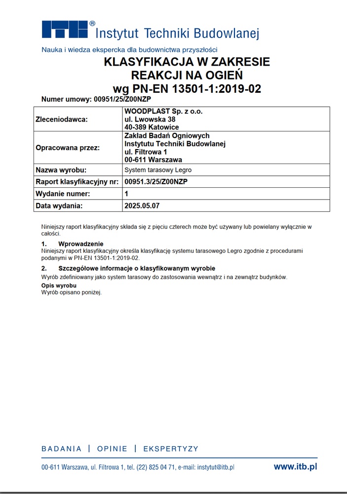 Classification in terms of reaction to fire according to PN-EN 13501-1:2019-02 00951_3/25 Legro. For architects