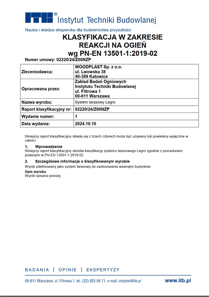 Classification in terms of reaction to fire according to PN-EN 13501-1:2019-02 02220/24 Legro. For architects