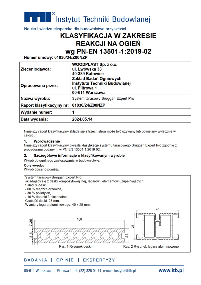 Classification in terms of reaction to fire according to PN-EN 13501-1:2019-02 01036/24 Expert Pro. For architects
