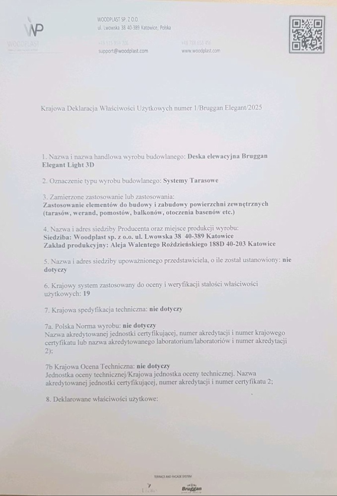 National Declaration of Product Characteristics No 1 Bruggan Elegant 2025. For architects