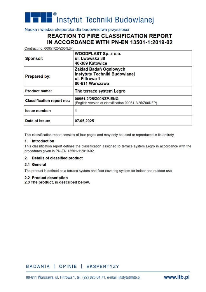 Reaction to fire classification report in accordance with PN-EN 13501-1:2019-02 00951.2/25 The terrace system Legro. For architects