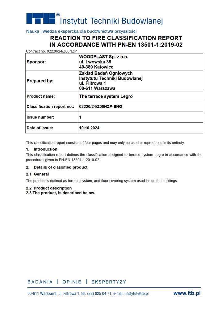 Reaction to fire classification report in accordance with PN-EN 13501-1:2019-02 02220/24 The terrace system Legro. For architects