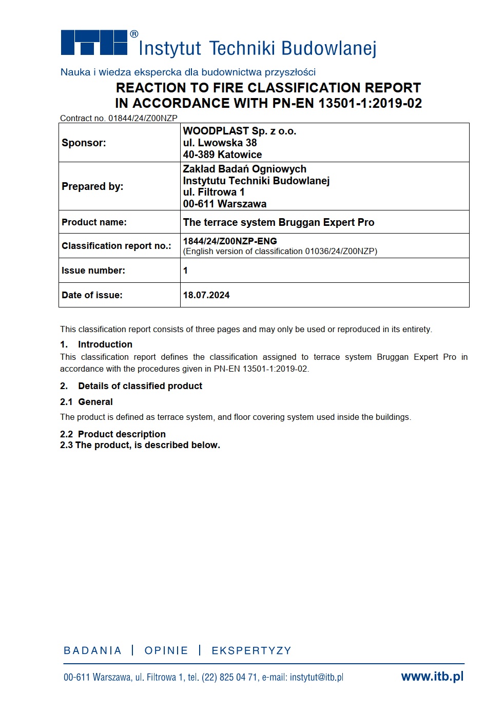 Reaction to fire classification report in accordance with PN-EN 13501-1:2019-02 1844/24/Z00NZP Expert Pro. For architects