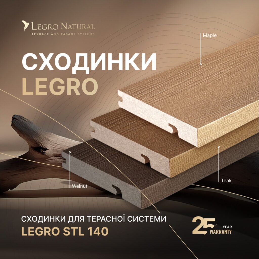 LEGRO ST140 — профіль для сходинок і завершення тераси у кольорах TEAK, GOLDEN MAPLE, WALNUT